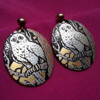Rare vintage Reed and Barton damascene earrings, owl, moon, woods, 24k gold vermeil, silver, burnish
