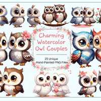 Adorable Owls in Love Clipart Watercolor PNG 5000px Romantic Couple Designs