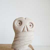 Vintage owl figurine in travertine, hand-carved, stone animal statue, Mid Century home decor