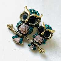 Vintage Gold Owl Brooch, Green Rhinestone Animal Pin