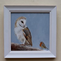 Original owl and Robin oil painting