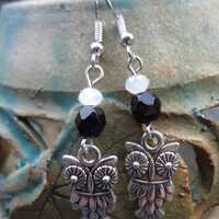 Owl Charm Earrings with  Black Glass and White Crystal Beads