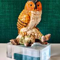 Vintage Ceramic Figurine of Owl perched on Snow-Covered Tree Branch with Pine Cones 6.5&rdquo; H x 5