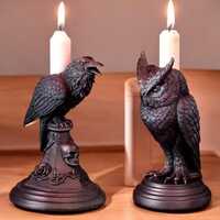 Gothic Crow Candle Holder &ndash; Black Owl Resin Candlestick, Halloween Home D&eacute;cor Sculpture