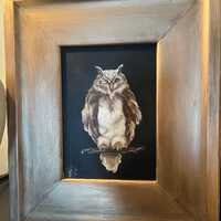 Original Owl Painting  Winking Smart Strong Vintage Frame Beauty Magical Gold Wings Beak Eye Sparke 