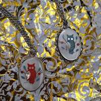 Two vintage Native American sterling silver owl pendant with mother-of-pearl, onyx, coral, and turqu