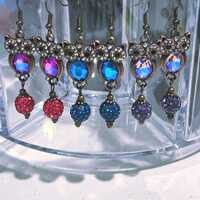 Owl in antique gold in red, purple or teal long dangle