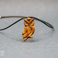 Owl Necklace, Hand Carved Walnut Wood  Owl Pendant, Handmade Animal Jewelry Gift for Owl Lovers