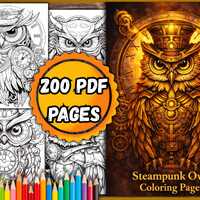 Steampunk Owls Coloring Pages &ndash; 200 PDF Pages