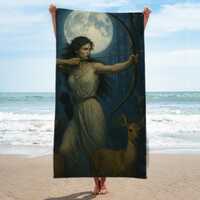 Greek Mythology Artemis Moon Goddess Huntress Towel Moonlit Forest Archer Deer Owl Night Scene Beach