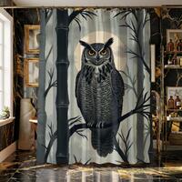 Owl Shower Curtain, Japanese Ink Wash Bamboo Moon Night Art, Waterproof Fabric 72x72
