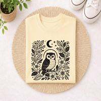 Mystical Owl Shirt, Folk Art Owl Graphic Tee, Moon Floral Nature Illustration T Shirt, Witchy Cottag