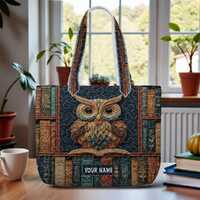 Personalized Owl Reading Books Quilt Tote Bag, Artistic Owl and Book Stack Bag Gift For Reader and B