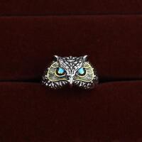 Turquoise Eye Owl Ring with Gold Accent | Adjustable Silver Tone Copper Ring | Unique Vintage Bird J