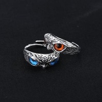 Unisex Adults Owl Adjustable Ring | Silver Plated Copper Vintage Style Bird Ring | Blue or Orange Ca