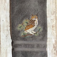 Embroidered Great Horned Owl in Pine Tree Branches on White, Ivory, Powdered Green, Gray or Black Tu