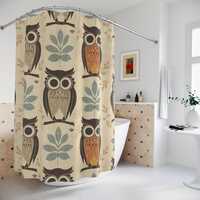 Mid Century Owl Pattern Shower Curtain, Retro Bathroom Decor