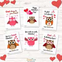 Owl Valentines for Kids &ndash; Printable Valentine Cards for Classroom Use, Instant Download