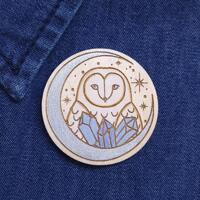 Owl Celestial Crystal Moon Wooden Brooch - Hand-Coloured Engraved Wood Lapel Pin Jewelry