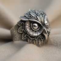 Sterling Silver 3D Owl Ring, Carved Feather Statement Jewelry