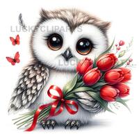 Owl Watercolor Clipart, Cute Floral Owl 10 JPEG Bundle, Spring Flower Animal Illustration, Sublimati