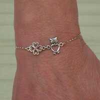 Sterling silver owl and four leaf clover bracelet, Lucky charm