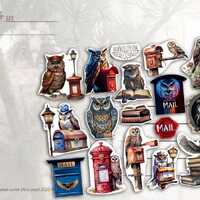 Set of 16 Owl Postman and Mailbox Priorities postcard stickers sheet for Postcrossing fans