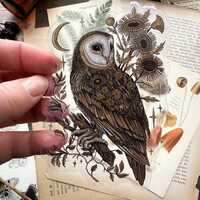Beautiful transparent vinyl sticker- Magical owl and sunflowers - waterproof sticker