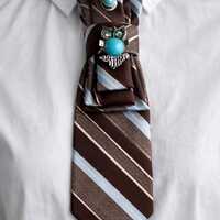 Vintage Boho Necklace Tie &ndash; Turquoise Owl Brooch, Western Unisex Neckwear