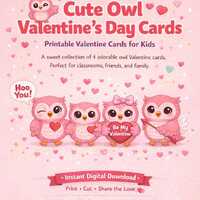 Owl Valentine - Printable Owl Valentine Cards - Classroom Valentines - Instant Download - Kids Valen