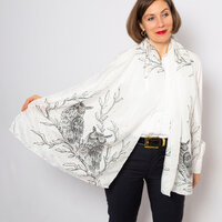 Hand Painted Horned Owl Scarf White Silk Bird Shawl Owl Gift