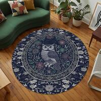 Owl Round Area Rug Vintage Floral Woodland Home Decor