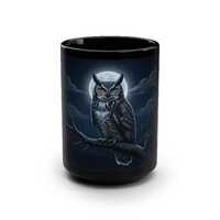 Nocturnal Owl Mug | Moonlit Wisdom | 15oz Glossy Black Ceramic Coffee Cup
