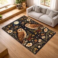 Mystical Owl Rug with Moonlight Botanical Details &ndash; Dark Night Garden Inspired Symmetrical Are