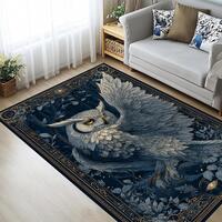 Celestial Owl Area Rug &ndash; Dark Blue Forest Decor with Gold Accents, Mystical Animal Art Mat
