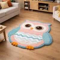 Hand Tufted Owl Rug: Pink & Blue New Zealand Wool Nursery Carpet