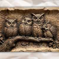 Owl Family Relief STL | CNC Router 3D Carving Model | Owls on Branch Wood Grain Bas Relief Panel | R