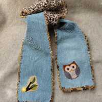 Recycled Denim Crochet Owl Scarf Lightweight blue & brown