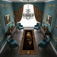 Golden Owl Runner Rug, Black Gothic Hallway Carpet, Baroque Luxury Decor