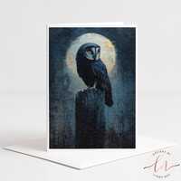 Moonlit Owl Greeting Card: Gothic Night Sky, Dark Academia Art