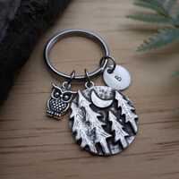 Owl Keychain / Purse Charm / Owl Gifts / Personalized Initial Charm / Trees Moon