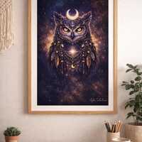 Mystical Owl Wall Art Printable &ndash; Spiritual Animal Totem Decor &ndash; Cosmic Owl Digital Down