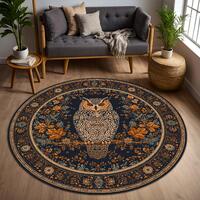 Round Owl Area Rug, Navy & Rust Floral Boho Carpet, Vintage Woodland Accent Mat for Living Room