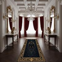 Golden Owl Night Runner Rug, Celestial Gothic Hallway Carpet, Dark Blue Luxury Baroque Palace Decor