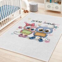 Cute Owl Love Design Rectangular Kids Room Rug with Custom Name Option | Washable Nursery Carpet Non