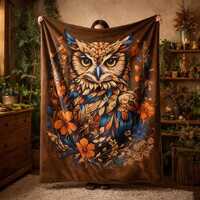 Mystical Owl Blanket, Boho Woodland Throw with Floral Owl Art, Cottagecore Home Decor