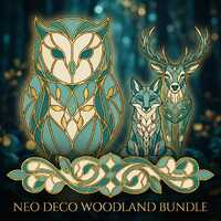 Neo Deco Stained Glass Animals: Teal Owl, Fox, Bear PNG Bundle (Commercial Use)