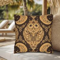 Owl Moon Throw Pillow, Chocolate Brown and Beige, Boho Hippie