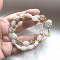 Iridescent White Heart and Owl Two Bracelet Set: Czech Glass. S/M 6.75"