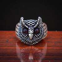 Oxidized Sterling Silver Owl Ring, Red Garnet Eyes, Boho Statement Jewelry